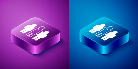 Canvas Print - Isometric Project team base icon isolated on blue and purple background. Business analysis and planning, consulting, team work, project management. Developers. Square button. Vector