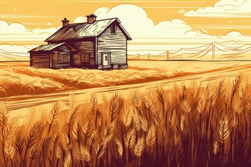 Wall Mural - rustic house surrounded by a golden wheat field. Generative AI