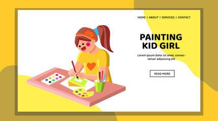 art painting kid girl vector. artist person, happy cute, caucasian colorful art painting kid girl web flat cartoon illustration