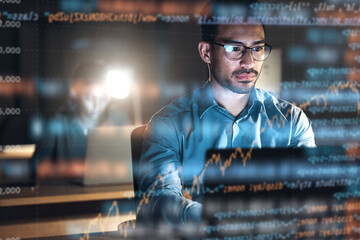 Poster - Programmer, code and man with focus, holographic and digital software with cyber security, future and trading. Male person, investor and employee with research, night and investment with stock market