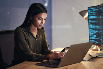 Poster - Laptop, phone and business woman on coding, software development and programming script for cybersecurity. Night, mobile research and multimedia programmer or IT person on computer with data analysis