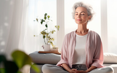 middle aged woman meditating at home with eyes closed, relaxing body and mind in a living room. ment