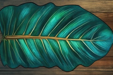 Poster - vibrant green leaf on a textured wooden background. Generative AI