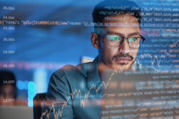 Poster - Computer, coding hologram and business man in data analysis, code html or software overlay at night. Programmer or person in glasses or screen reflection, programming stats and cybersecurity research