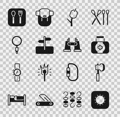 Canvas Print - Set Sun, Wooden axe, First aid kit, Marshmallow on stick, Road traffic sign, Magnifying glass, Fork and spoon and Binoculars icon. Vector