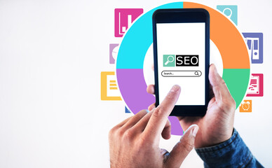 Poster - Seo, search bar and internet with phone screen and hands of person for website, social media and technology. Mockup, digital and app closeup of mobile user on white background for online and network