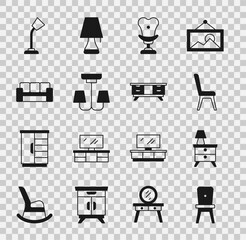 Canvas Print - Set Chair, Nightstand with lamp, Armchair, Chandelier, Sofa, Table and TV table icon. Vector