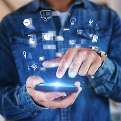 Leinwandbilder - Phone in hand, hologram and overlay with futuristic icons, data safety or software developer with mobile app, technology and innovation. Ux, cyber security or digital transformation on smartphone