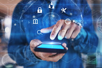 Leinwandbilder - Phone in hand, lock and cybersecurity overlay to show futuristic hologram, data safety or software developer with mobile app, technology and innovation. Ux, cyber security and future of fintech
