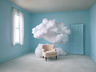 Sticker - white cloud in the light blue living room interior, Generative AI
