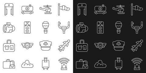 Poster - Set line Router and wi-fi signal, Rocket, Aircraft steering helm, Helicopter, Mobile with ticket, Jet engine turbine, Metal detector airport and Hot balloon icon. Vector