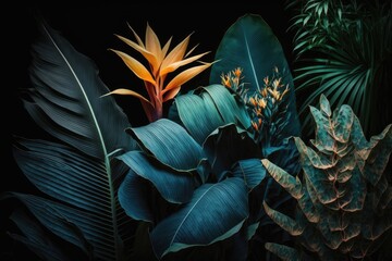 Canvas Print - vibrant tropical plant and leaf arrangement on a dark background. Generative AI