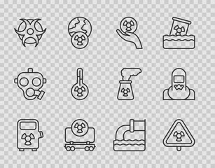 Poster - Set line Electric car charging station, Triangle with radiation, Radioactive, cargo train, Biohazard symbol, Meteorology thermometer, Wastewater and Nuclear reactor worker icon. Vector