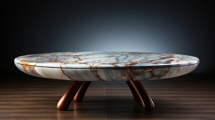 Wall Mural - a front view of a Luxurious White and Gold Empty Marble Table for Product Placement on a Dark Background, serving as a blank marble table mockup, Ai generative
