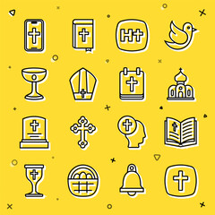 Poster - Set line Christian cross, Holy bible book, Church building, Pope hat, chalice, on phone and Calendar with Easter icon. Vector