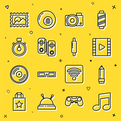 Wall Mural - Set line Music note, tone, Pencil with eraser, Play Video, Photo camera, Gamepad, Stopwatch, Postal stamp and Rolling pin icon. Vector