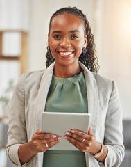 Black woman, portrait and tablet in office for planning research, data analysis and business information on internet. Happy female worker with digital technology for online connection, website or app