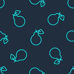 Poster - Green line Pear icon isolated seamless pattern on blue background. Fruit with leaf symbol. Vector