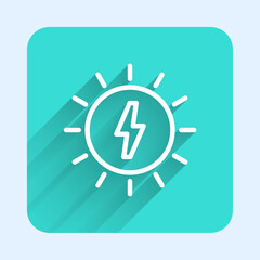 Sticker - White line Solar energy panel icon isolated with long shadow background. Sun with lightning symbol. Green square button. Vector