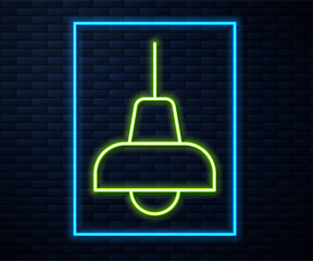 Canvas Print - Glowing neon line Lamp hanging icon isolated on brick wall background. Ceiling lamp light bulb. Vector