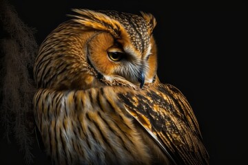 Poster - close-up of an owl on a black background. Generative AI