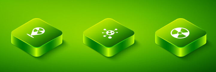 Sticker - Set Isometric Molecule, Radioactive and in location icon. Vector