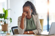 © JessicaLeigh J/peopleimages.com - Crisis, stress and black woman with problem in office, sick or headache from brain fog. Frustrated, fatigue and African professional with business fail, mistake emoji or debt, bankruptcy or tax audit