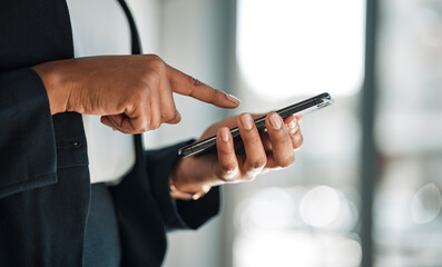 Closeup, employee or hands typing on a phone for social media chat, internet post or website notification. Searching, digital news blog or worker texting on online networking mobile app in office