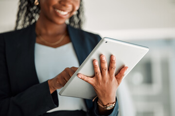 Wall Mural - Lawyer, hands and black woman with tablet in office for legal research, online app and social media. African attorney, technology and happy professional reading business email, networking or internet