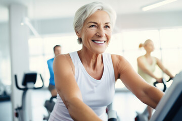 Smiling happy healthy fit slim senior woman with grey hair practising indoors sport with group of people on an exercise bike in gym.