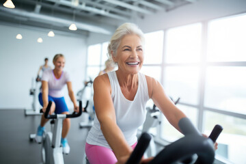 smiling happy healthy fit slim senior woman with grey hair practising indoors sport with group of pe