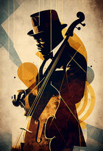 Afro-American Male Double Bass Musician Playing Music In An Abstract Vintage Distressed Style Painting For A Poster Or Flyer, Computer Generative AI Stock Illustration Image