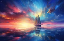 Sailing Under Starry Sky. Digital Artwork Painting.