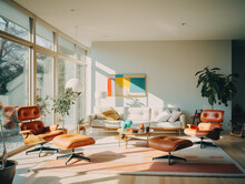 Mid - Century Modern Interior Living Room, Sunken Seating Area, Open - Concept, Clean Lines, Contrasting Vibrant Colors, Geometric Patterns, Eames Chair, Golden Hour Light From Large Windows