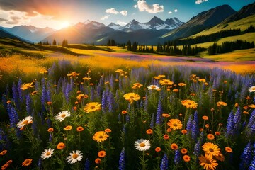 Wall Mural - A colorful field of wildflowers with a mountain backdrop
