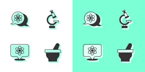 Sticker - Set Mortar and pestle, Atom, and Microscope icon. Vector