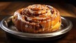 Food bakery bake photography background - Cinnamon roll with icing glaze on dark table (Generative Ai)