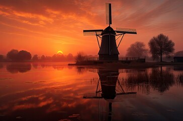 Canvas Print -  peaceful evening with the sight of windmills