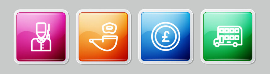 Sticker - Set line British soldier, Smoking pipe, Coin money with pound and Double decker bus. Colorful square button. Vector