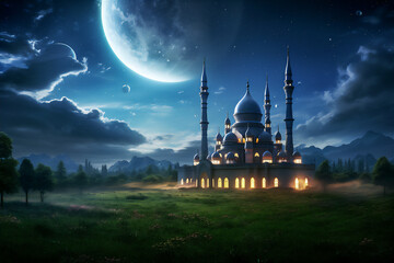 Beautiful Mosque illustration at the starry and moon light, Created using generative AI tools