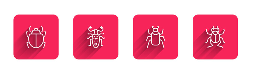 Wall Mural - Set line Mite, Beetle deer, bug and with long shadow. Red square button. Vector