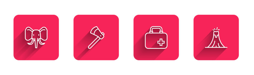 Sticker - Set line Elephant, Wooden axe, First aid kit and Volcano eruption with long shadow. Red square button. Vector