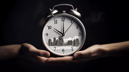 Alarm clock on fluffy white clouds and hand, Black background, time management concept, time of life, relax time to travel, deadline, generative ai