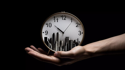 Alarm clock on fluffy white clouds and hand, Black background, time management concept, time of life, relax time to travel, deadline, generative ai