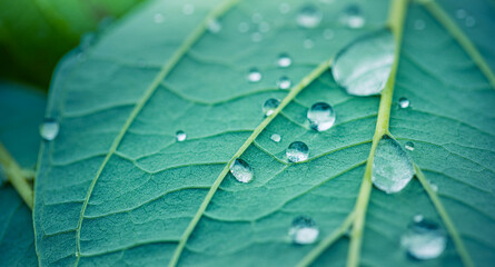 Sticker - Closeup drops of dew in morning glow sunshine. Beautiful green leaf, nature background texture. Soft blue green pastel colors relaxing bright peaceful rain drops macro foliage. Natural plant lush