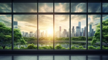 Wall Mural - Eco green city view though window in office or workplace background.
 