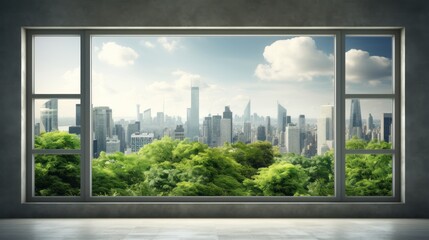 Eco green city view though window in office or workplace background.
 