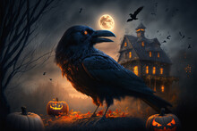 Raven Is Standing In Front Of A Haunted House, Bats Are Flying Around