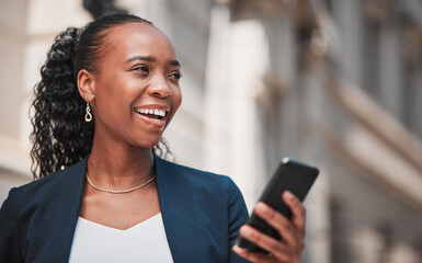 Wall Mural - Business, black woman and cellphone is thinking in city for travel as lawyer for success. Pride, smile and professional person with tech for idea or online app with internet for communication.