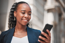 Smartphone, black woman typing with social media media and chat online, communication and technology. Internet connection, text message or email with closeup, female person and mobile app outdoor